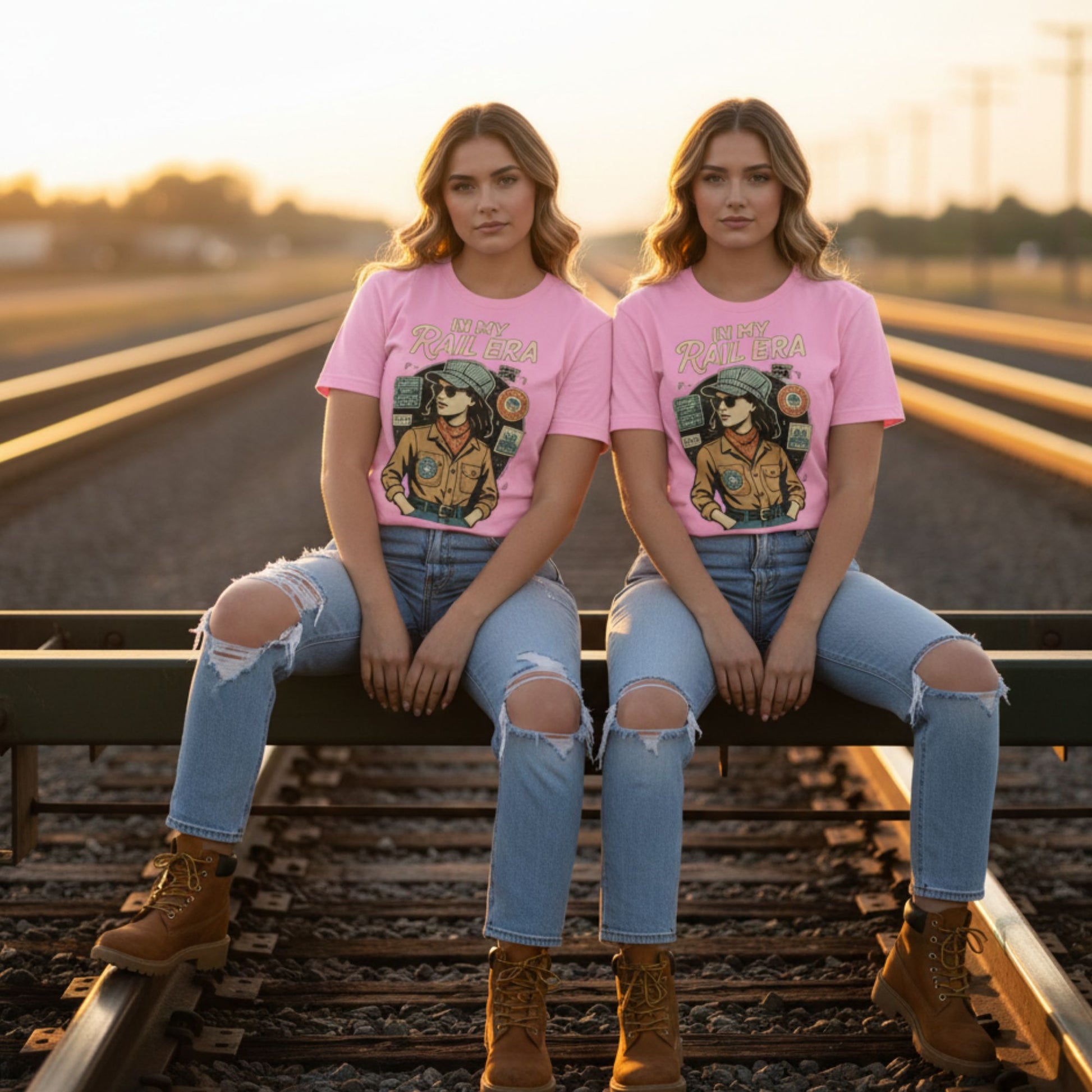 Two women sitting on train tracks wearing matching pink t-shirts with a graphic design.