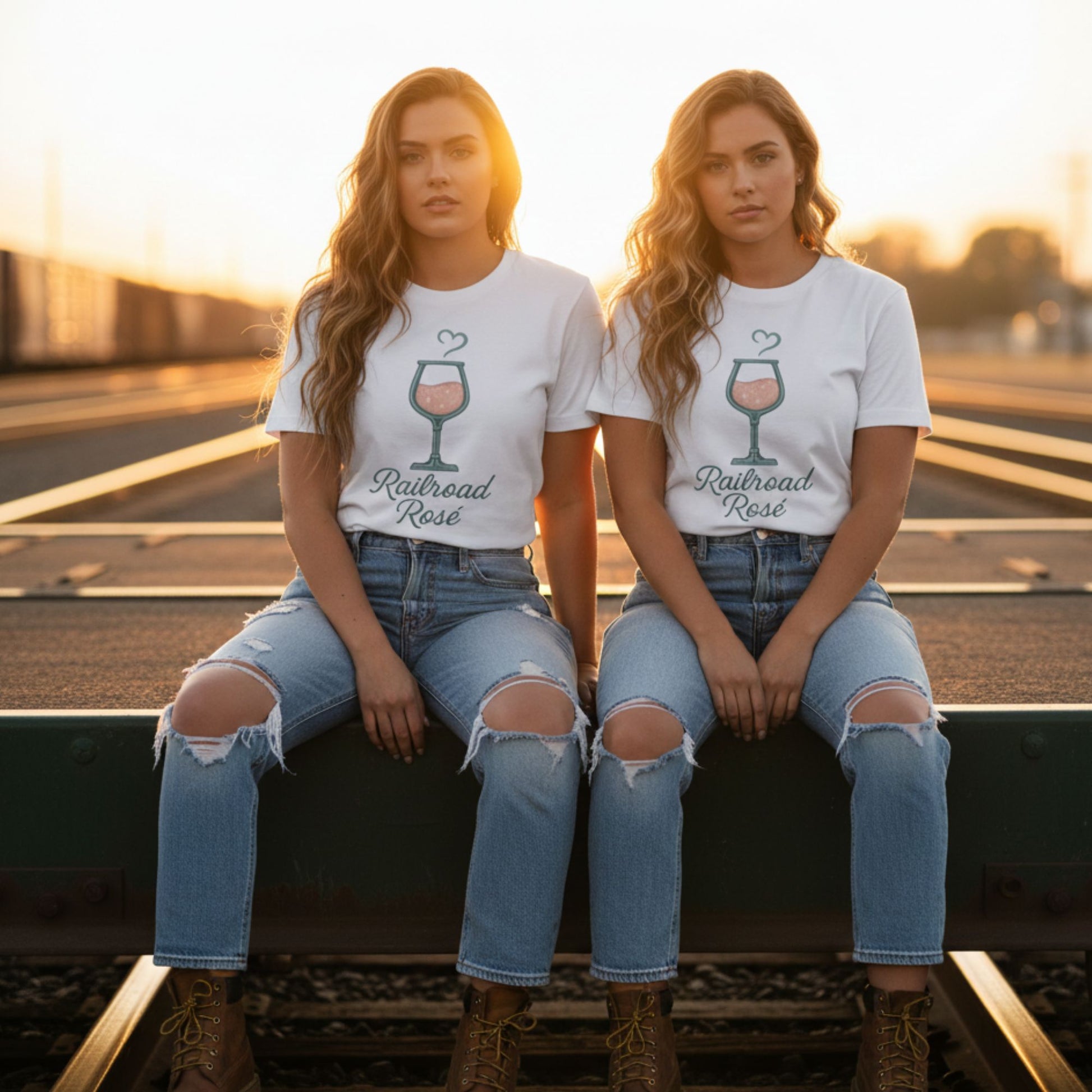 Two women sitting on train tracks wearing matching t-shirts with a graphic design.