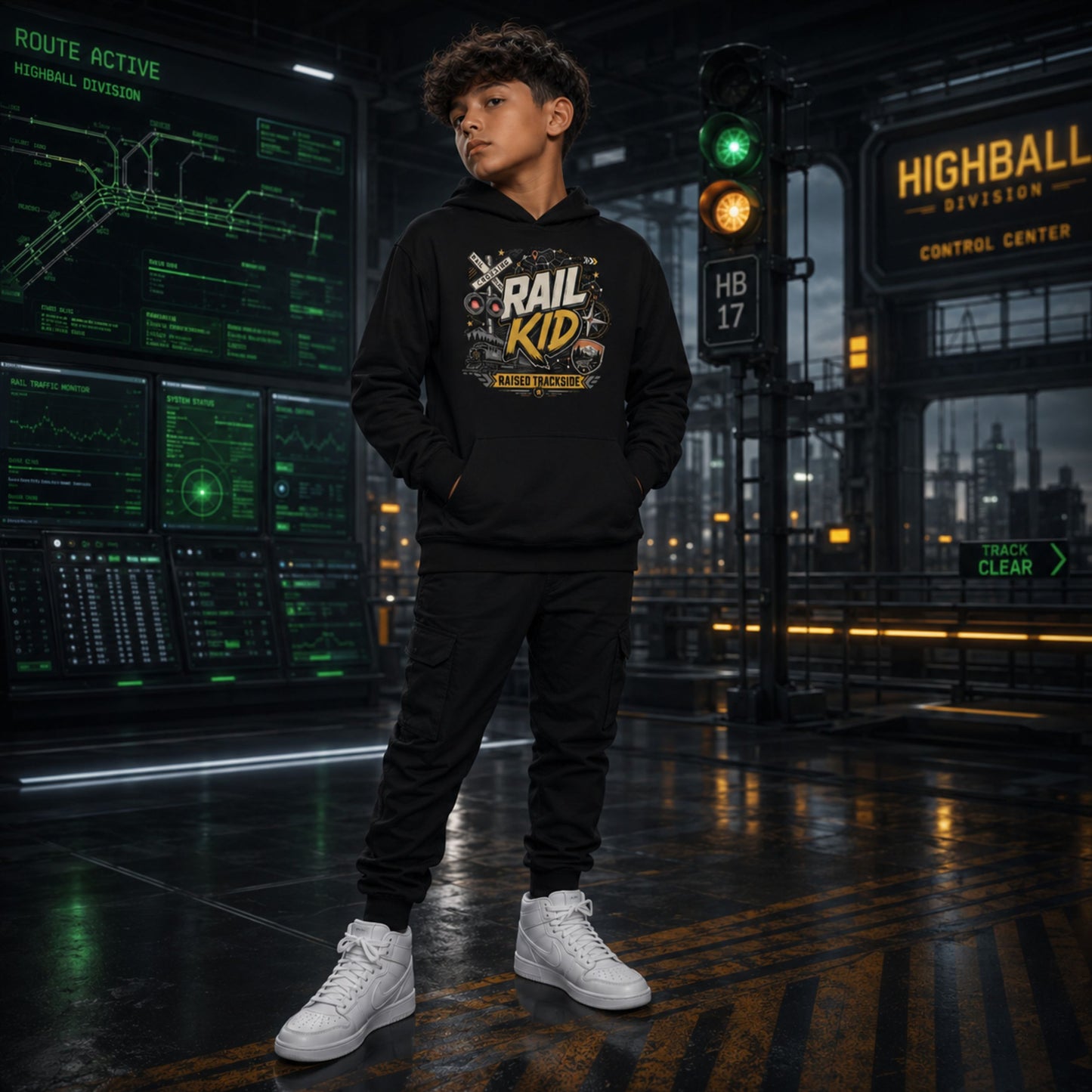 A young boy stands in a futuristic control room wearing a black hoodie with a 'Rail Kid' graphic, black sweatpants, and white sneakers. The background features glowing green digital screens and high-tech signage.