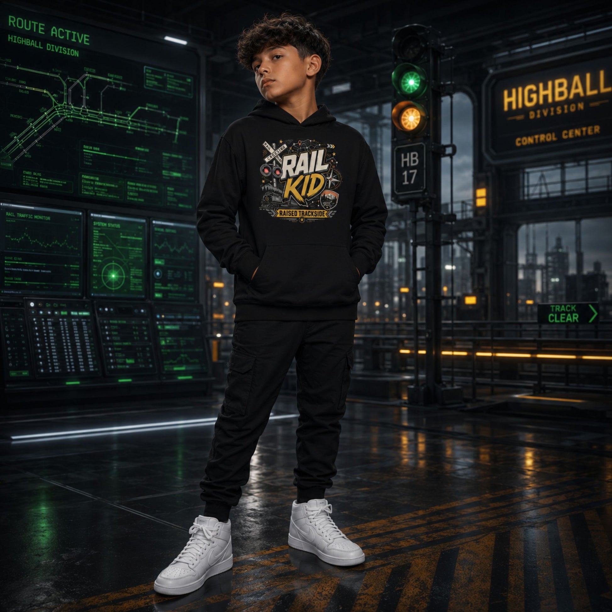 A young boy stands in a futuristic control room wearing a black hoodie with a 'Rail Kid' graphic, black sweatpants, and white sneakers. The background features glowing green digital screens and high-tech signage.