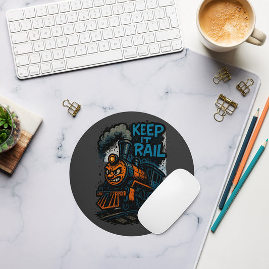 Mouse pad with train design and 'Keep It Rail' text on a marble desk with office supplies.