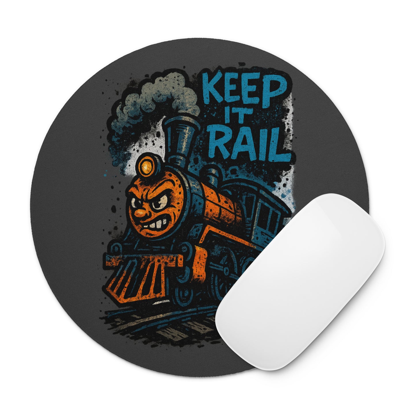 Round mouse pad with a train design and 'Keep It Rail' text on a black background