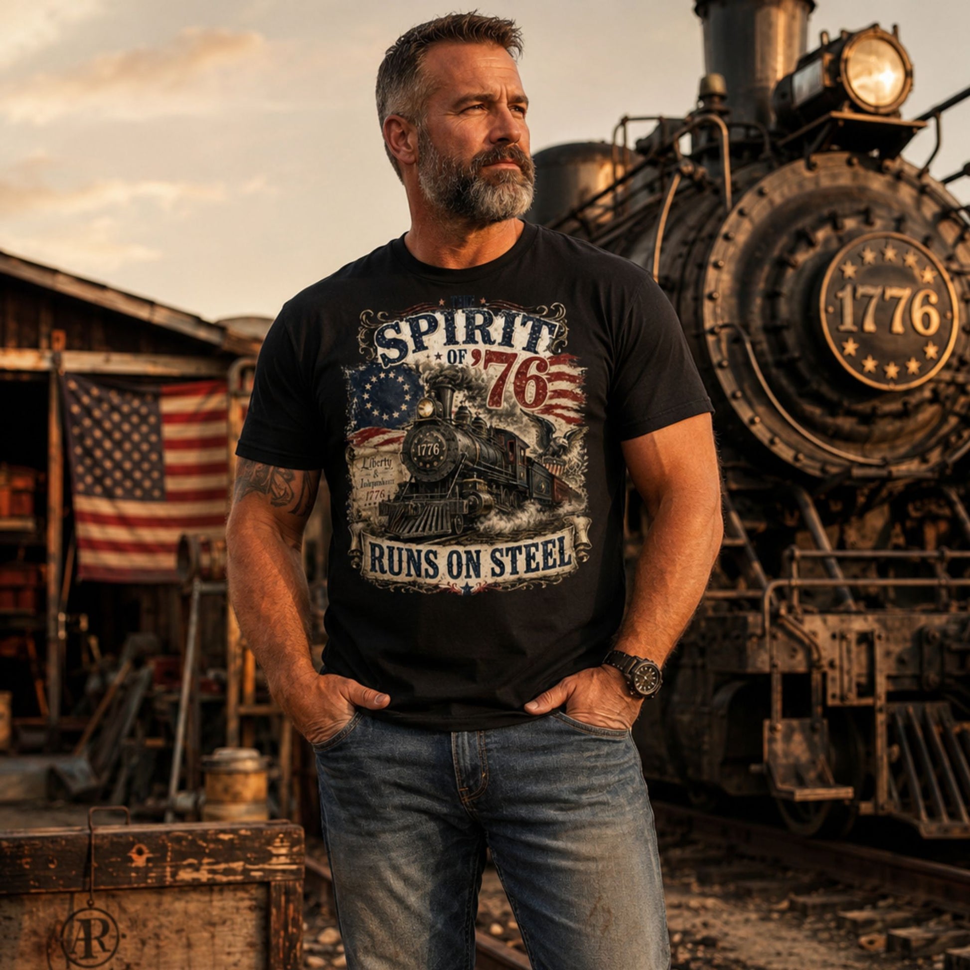 Man wearing a Black t-shirt featuring a highly detailed vintage graphic. At the top, distressed text reads "THE SPIRIT OF '76". The center shows a classic steam locomotive with "1776" on the front plate, bursting from a 13-star Betsy Ross American flag. A bald eagle flies on the right, and a parchment scroll on the left reads "Liberty & Independence 1776". A banner at the bottom reads "RUNS ON STEEL". in front of a steam locomotive.