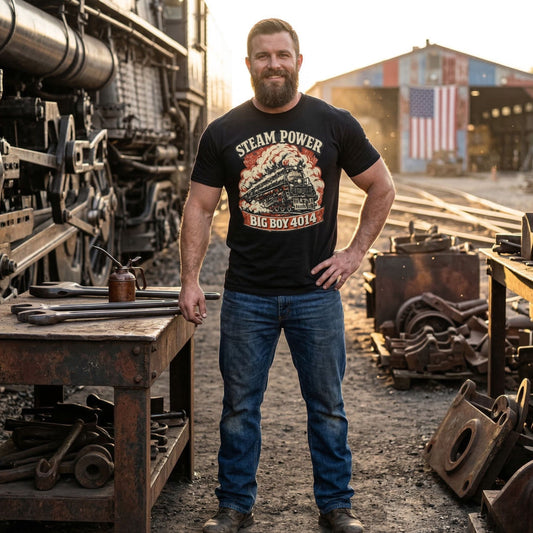 Man wearing a 'Steam Power' t-shirt standing in a workshop with train parts.