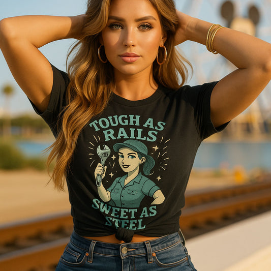 Woman wearing a t-shirt with a graphic and text, standing on a railway track.