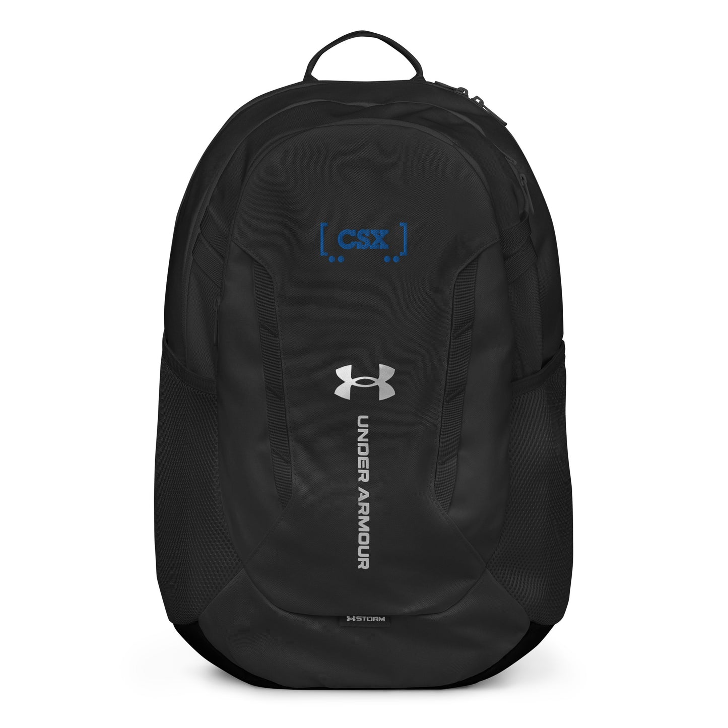 Black Under Armour backpack with logos on a white background