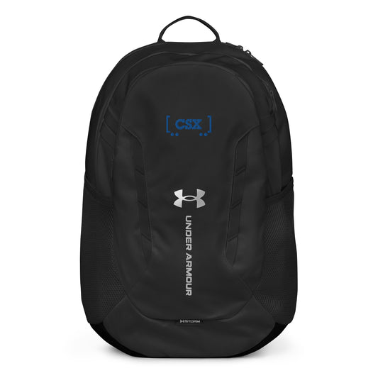 Black Under Armour backpack with logos on a white background