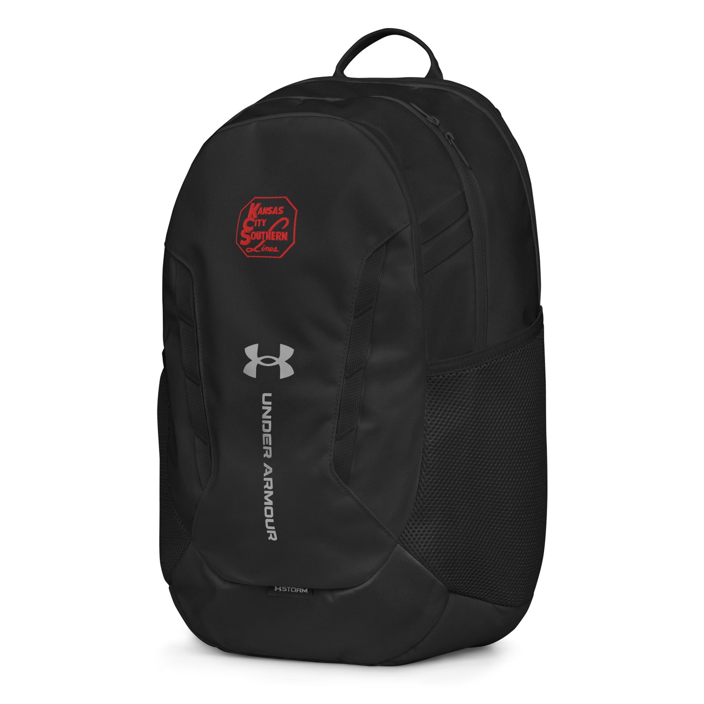 Black Under Armour backpack with a logo on a white background