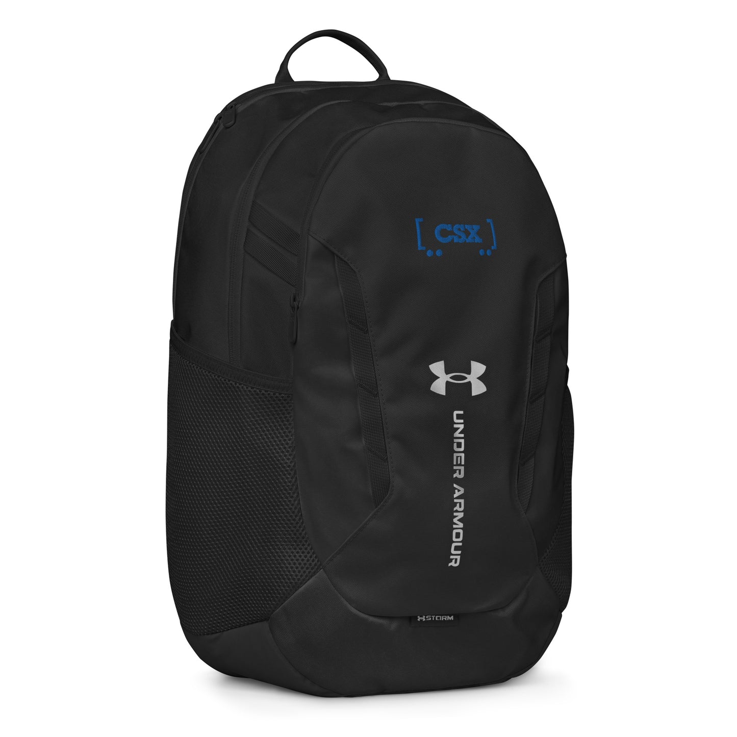 Black backpack with Under Armour logo on a white background