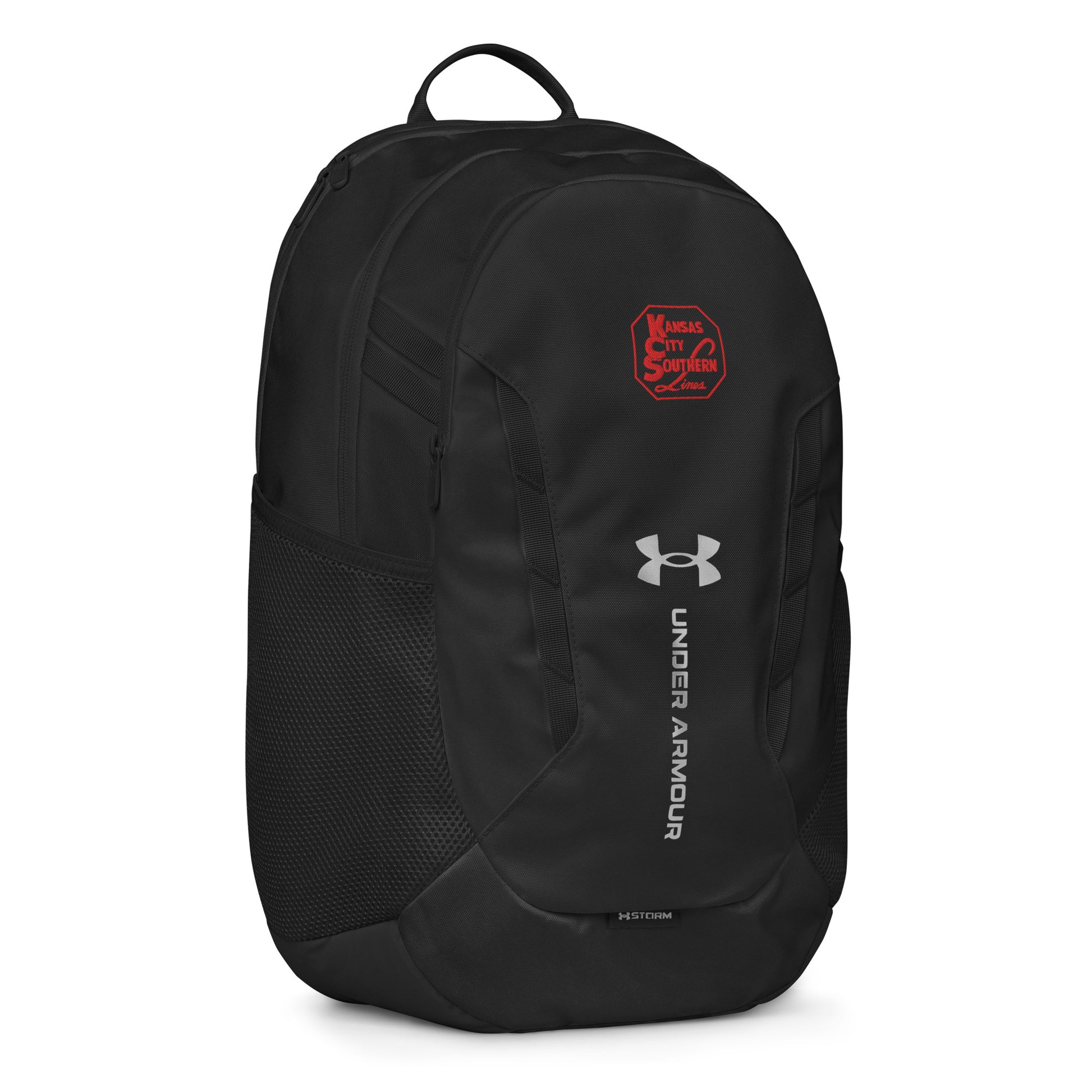 Black backpack with Under Armour logo on a white background