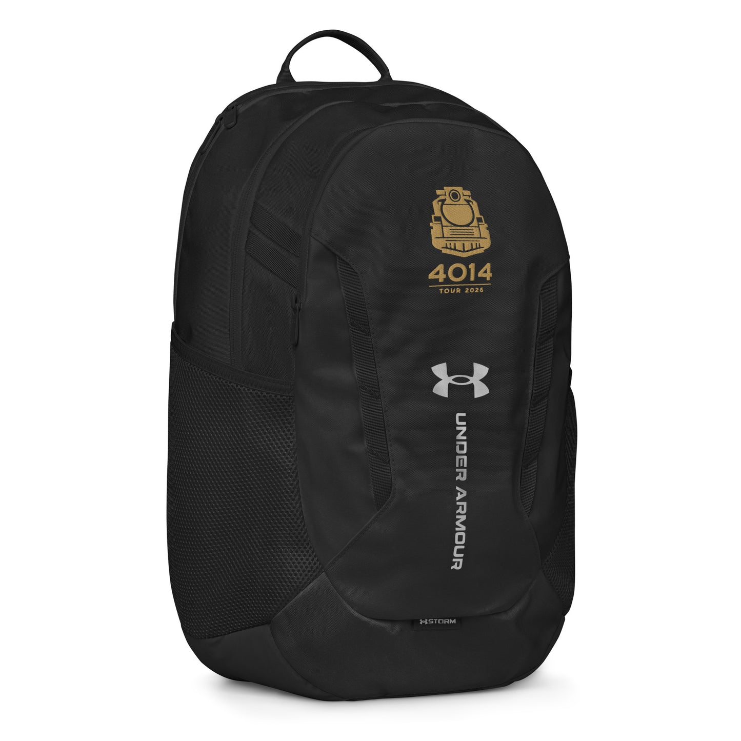Black Under Armour backpack featuring a gold graphic of a front-facing steam locomotive above the text "4014 TOUR 2026". The silver Under Armour logo is centered on the front above the vertical text "UNDER ARMOUR". The bottom of the bag features the UA Storm technology badge.