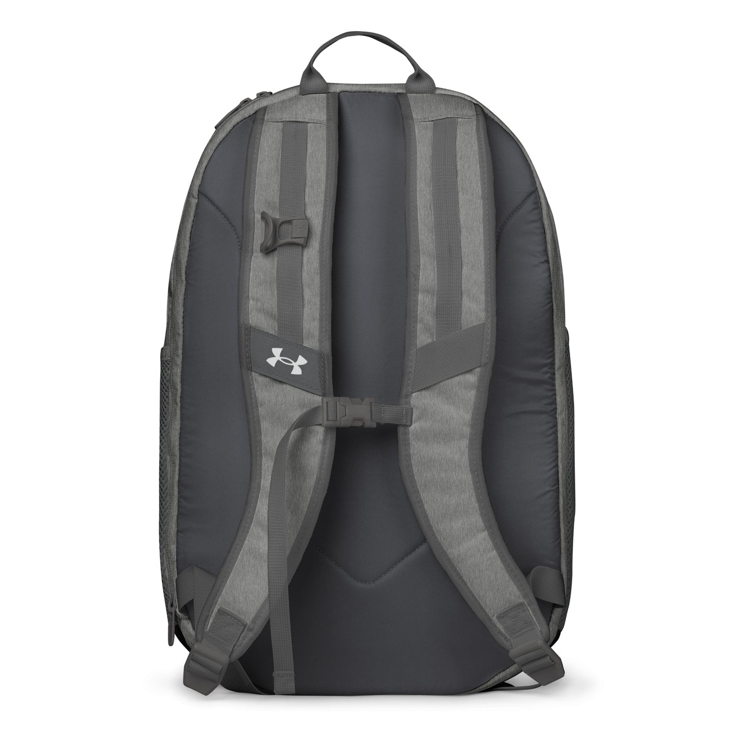 Gray Under Armour backpack featuring the classic white chalk-style "Big Boy" script logo on the top front panel. A silver Under Armour logo is centered above the vertical text "UNDER ARMOUR". The bottom of the bag features the UA Storm technology badge.