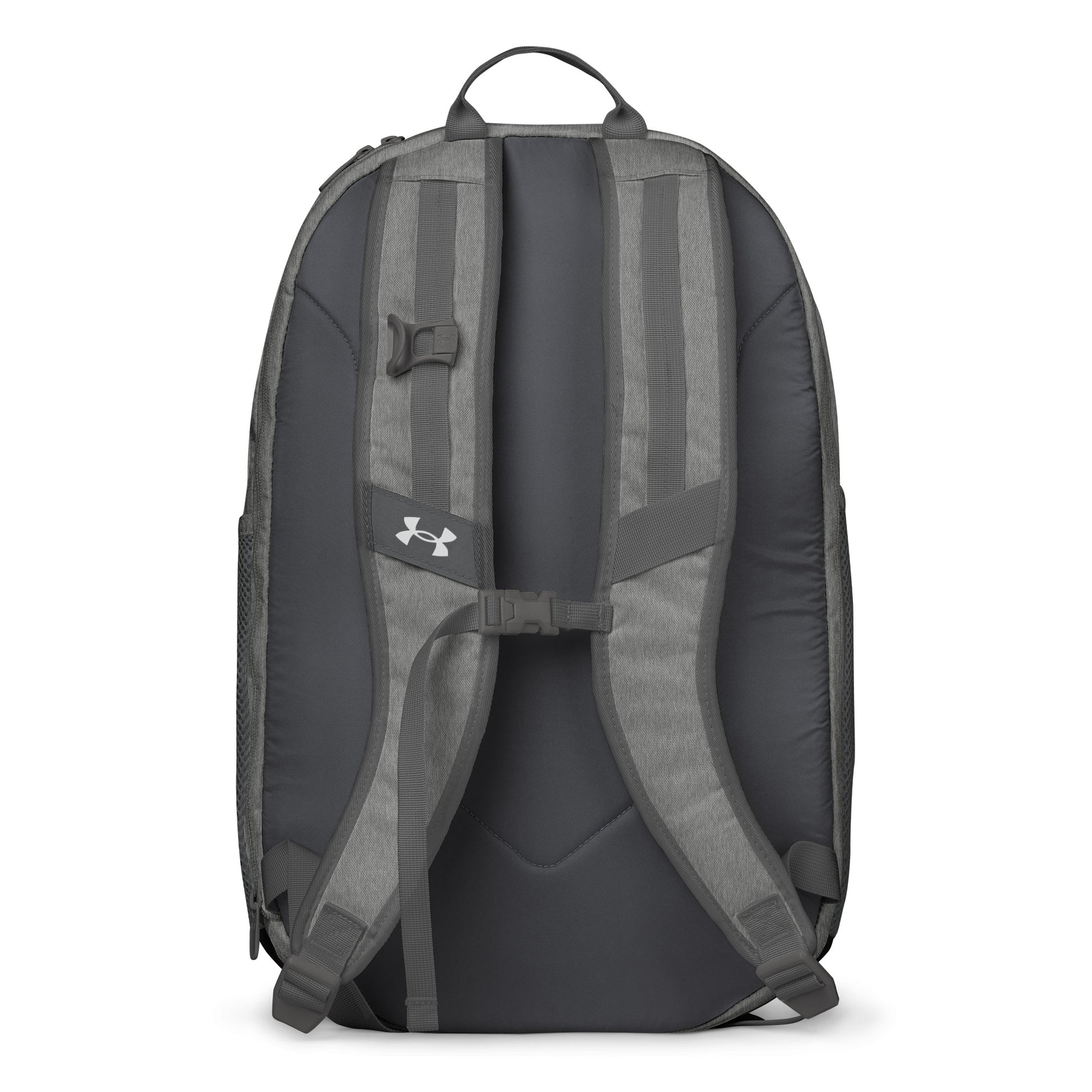 Gray Under Armour backpack featuring the classic white chalk-style "Big Boy" script logo on the top front panel. A silver Under Armour logo is centered above the vertical text "UNDER ARMOUR". The bottom of the bag features the UA Storm technology badge.