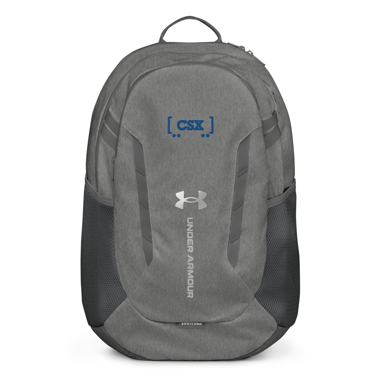 Gray backpack with Under Armour logo on a white background