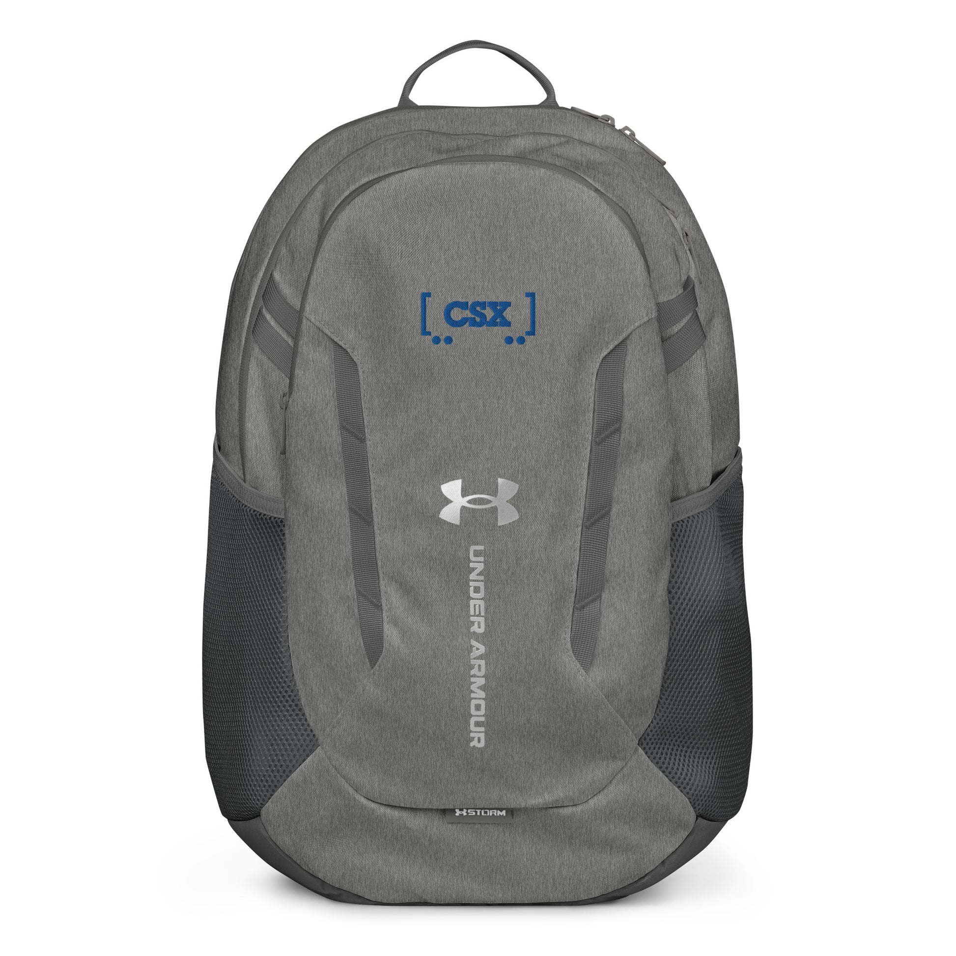 Gray backpack with Under Armour logo on a white background