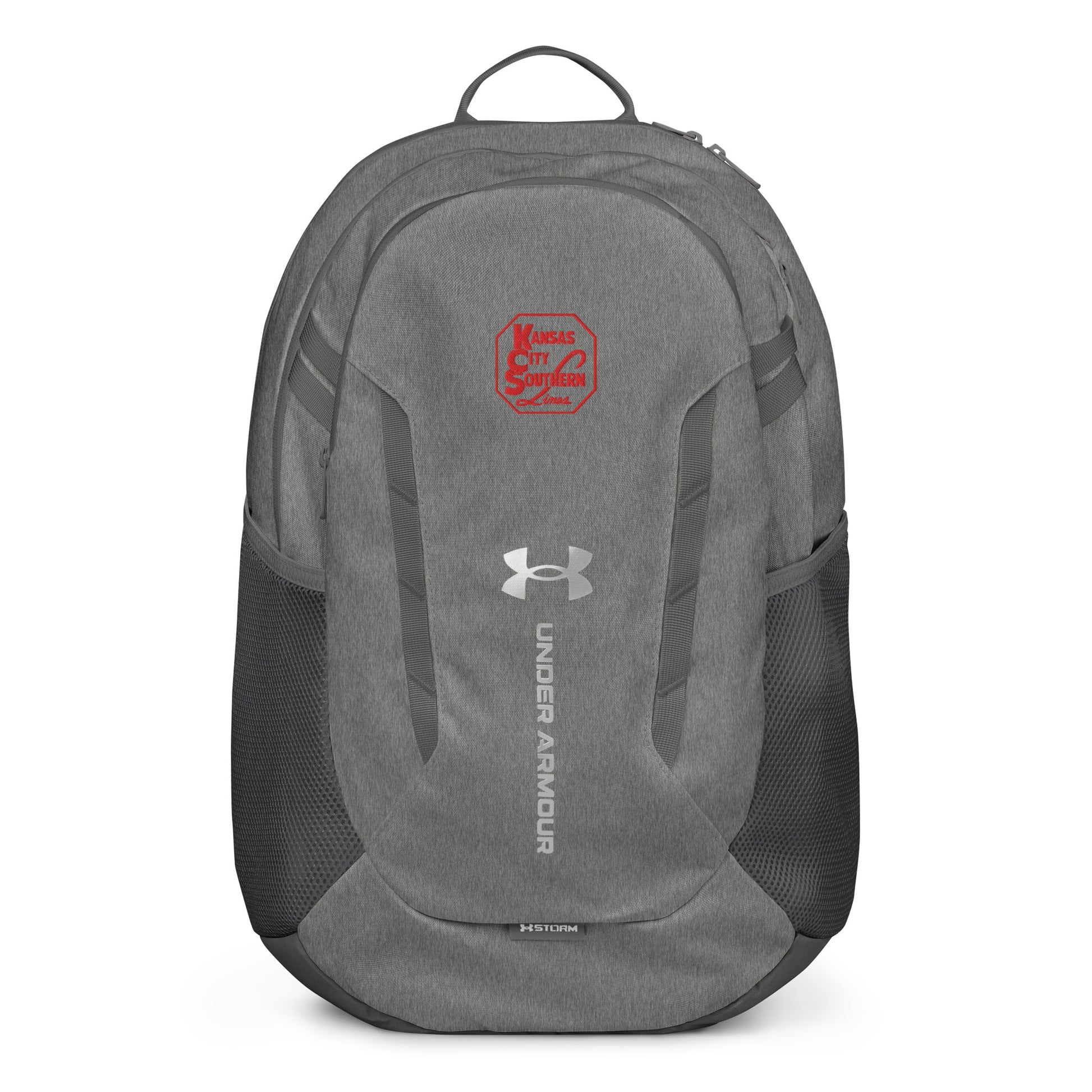 Gray backpack with Under Armour logo and additional branding on a white background