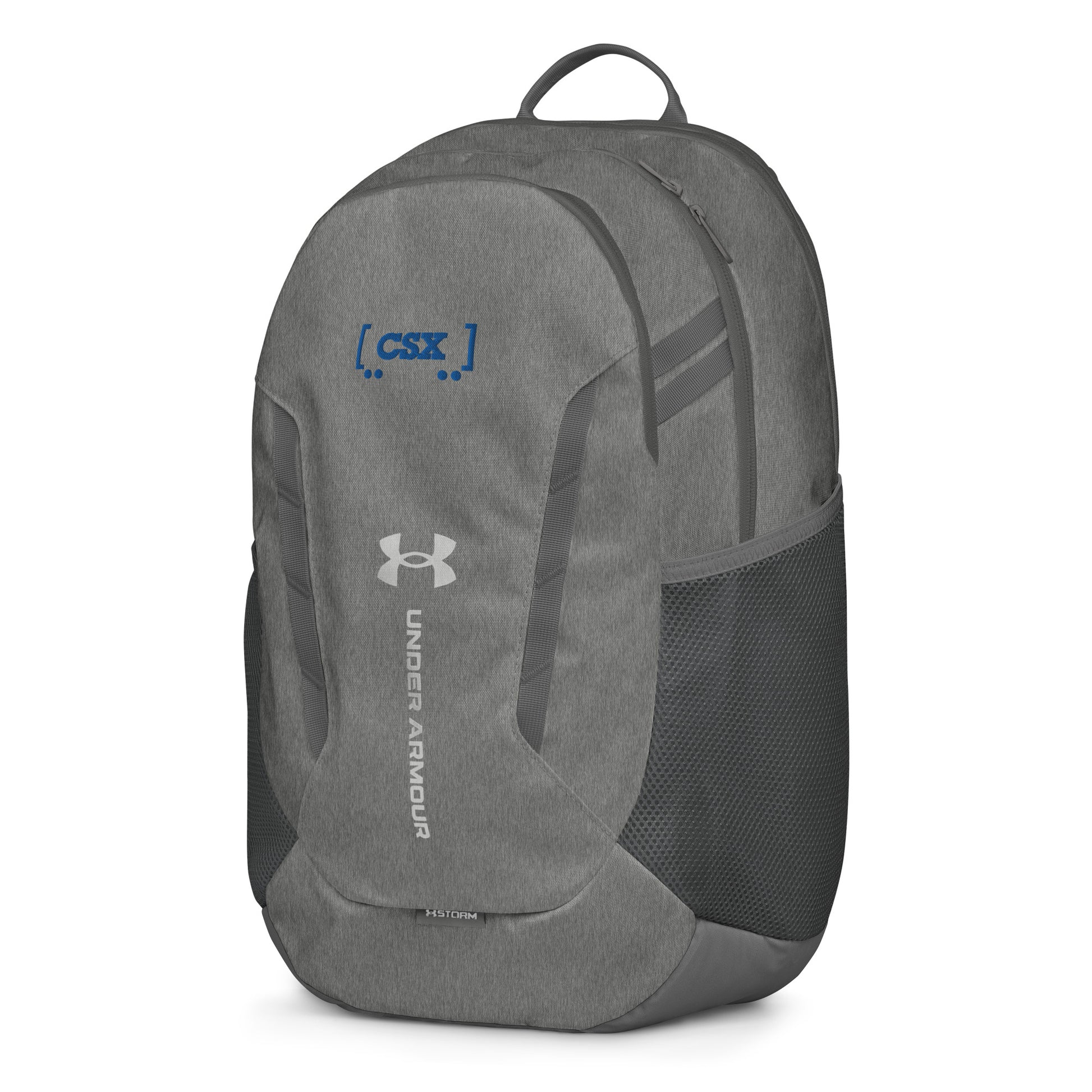 Gray backpack with Under Armour logo on a white background
