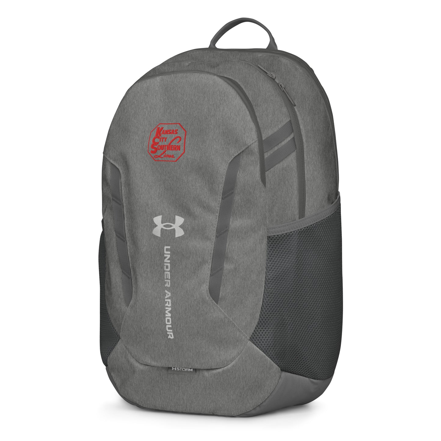 Gray backpack with Under Armour logo on a white background
