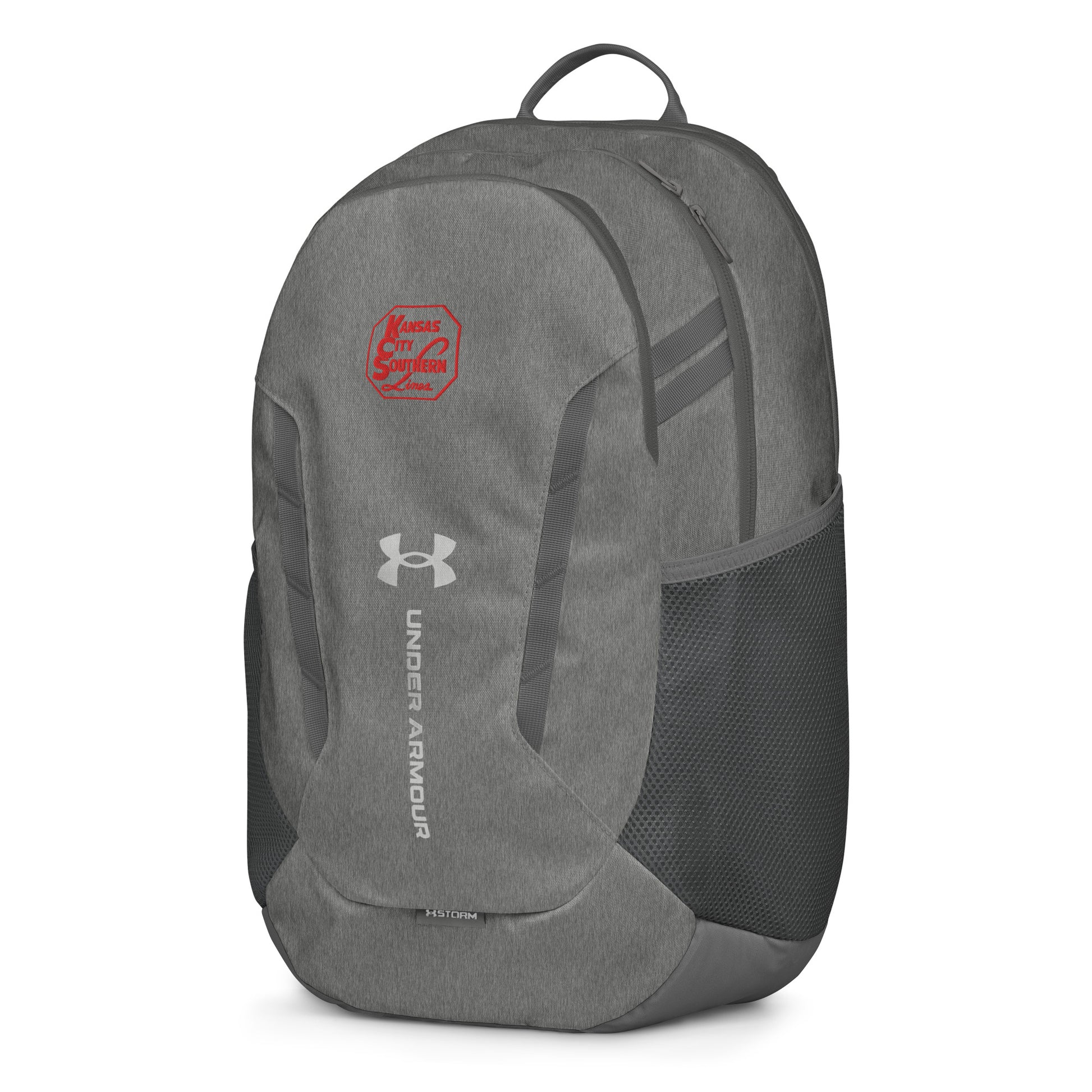 Gray backpack with Under Armour logo on a white background