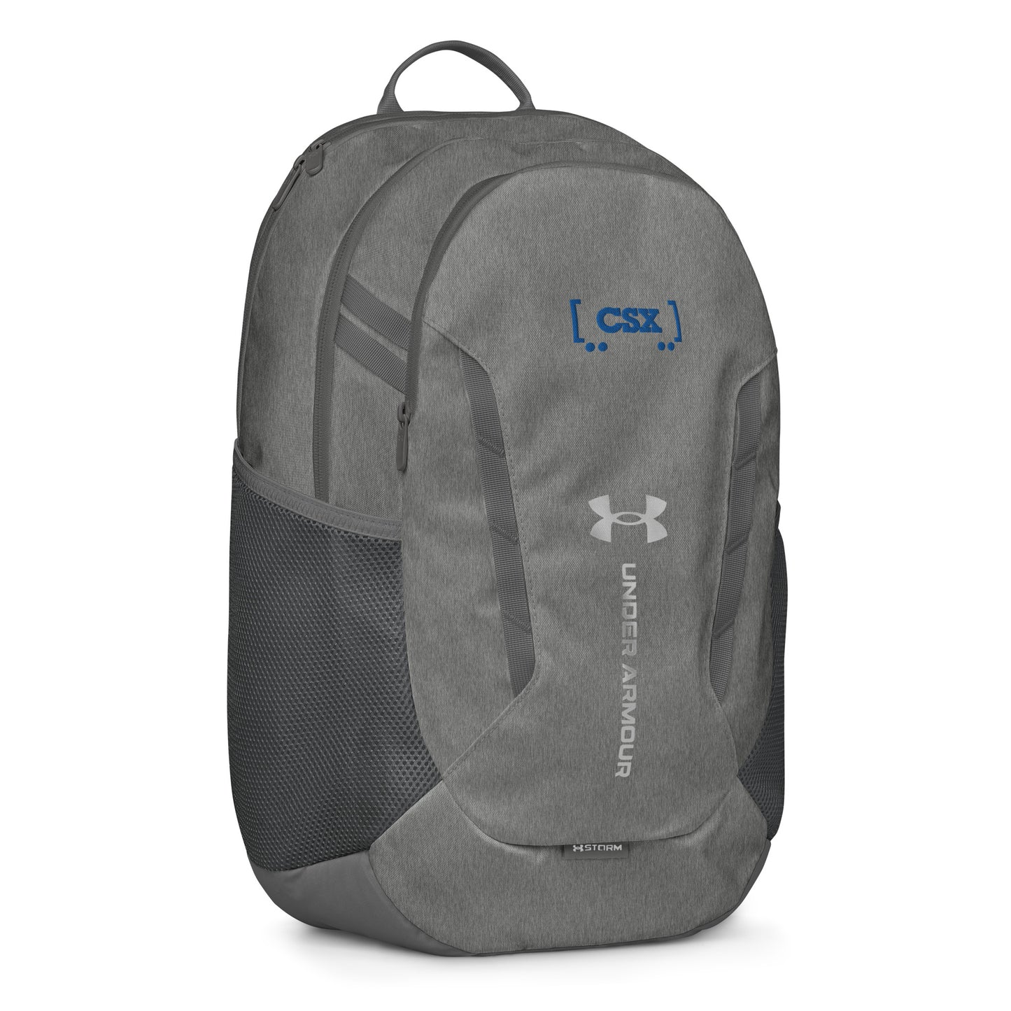 Gray backpack with Under Armour logo on a white background