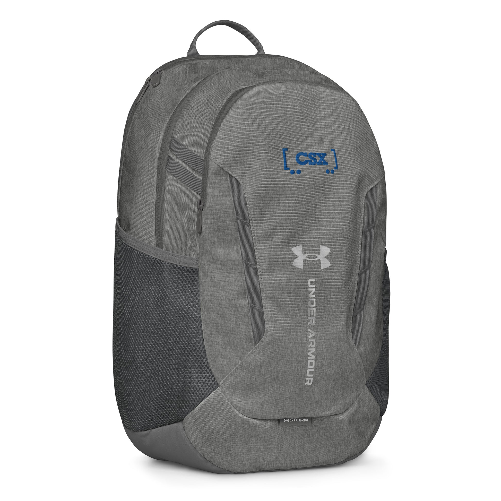 Gray backpack with Under Armour logo on a white background