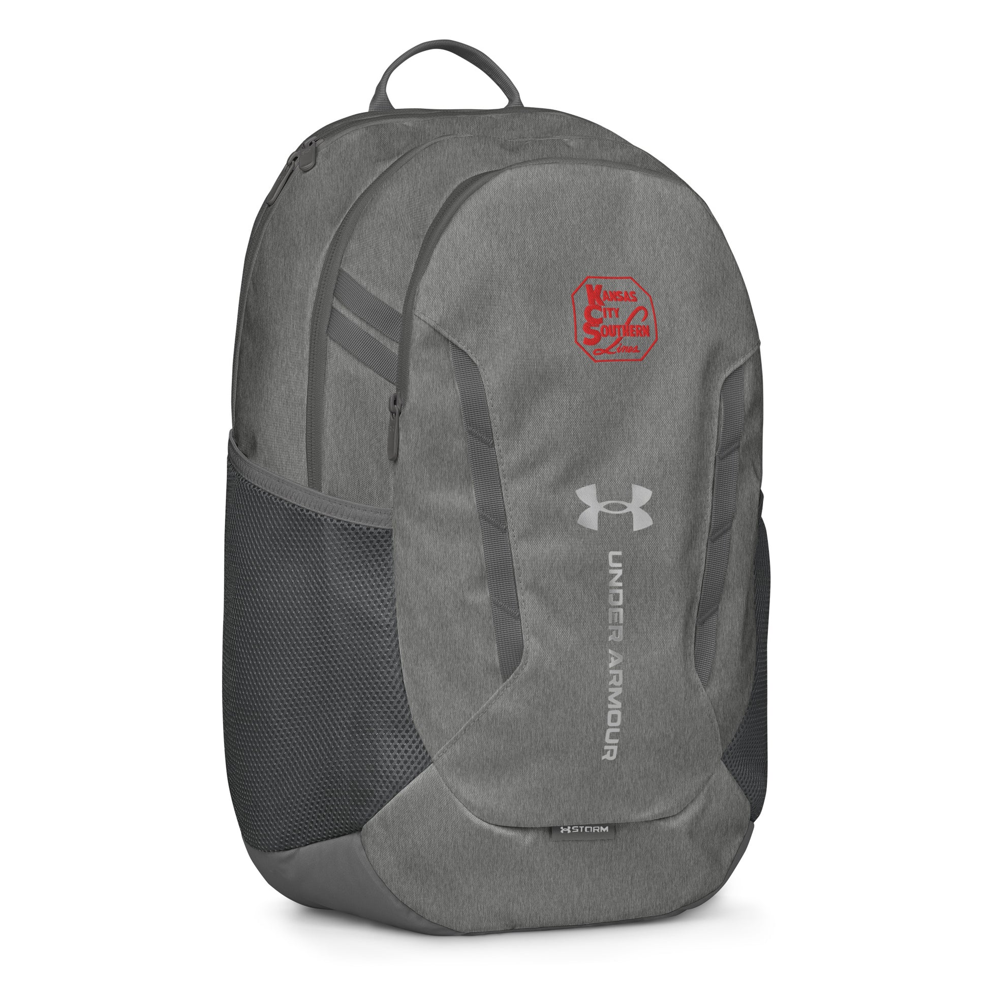 Gray backpack with Under Armour logo on a white background