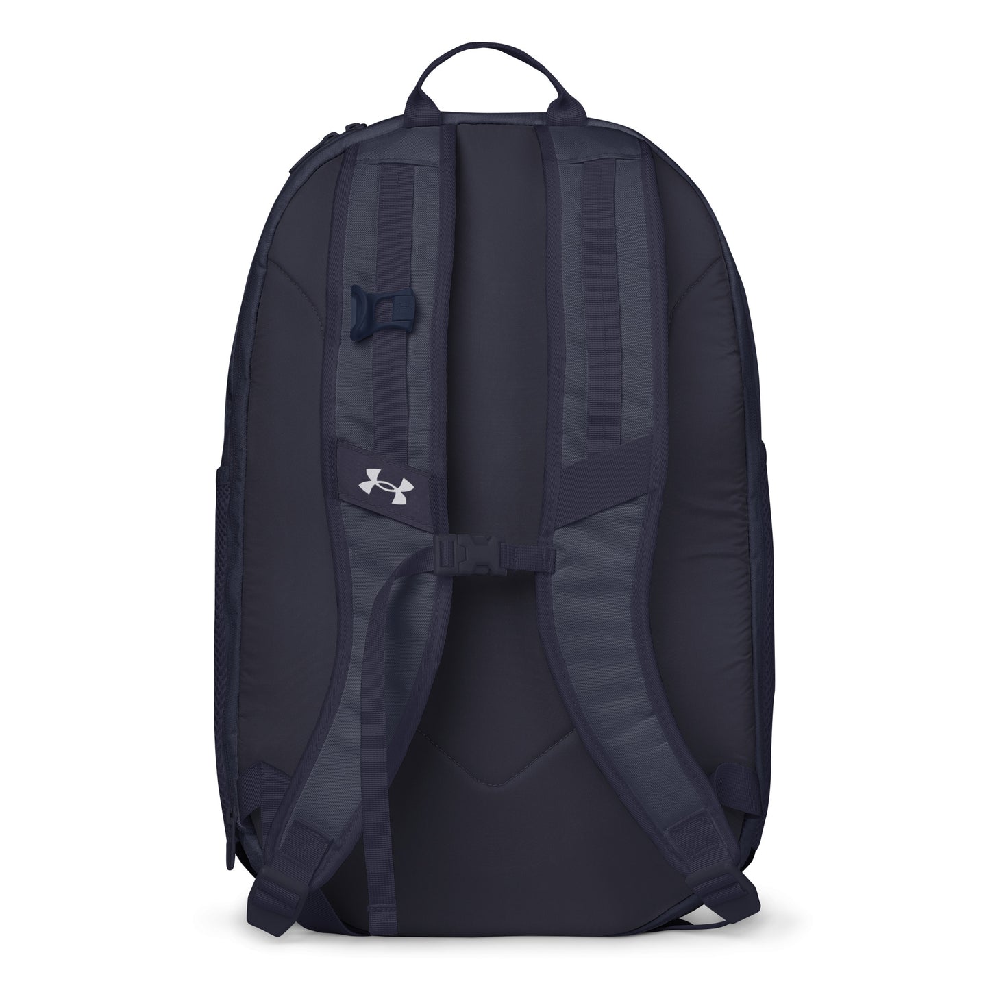 Navy Under Armour backpack featuring the classic white chalk-style "Big Boy" script logo on the top front panel. A silver Under Armour logo is centered above the vertical text "UNDER ARMOUR". The bottom of the bag features the UA Storm technology badge.