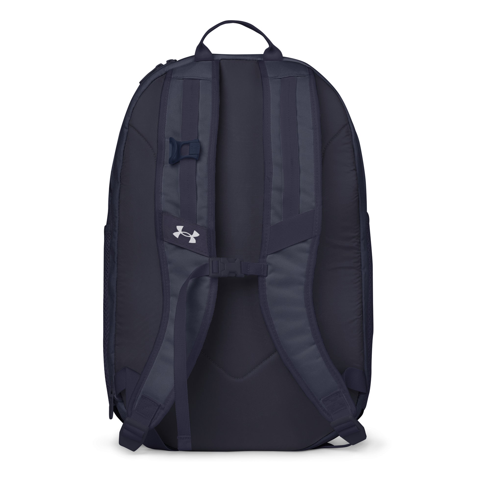 Navy Under Armour backpack featuring the classic white chalk-style "Big Boy" script logo on the top front panel. A silver Under Armour logo is centered above the vertical text "UNDER ARMOUR". The bottom of the bag features the UA Storm technology badge.