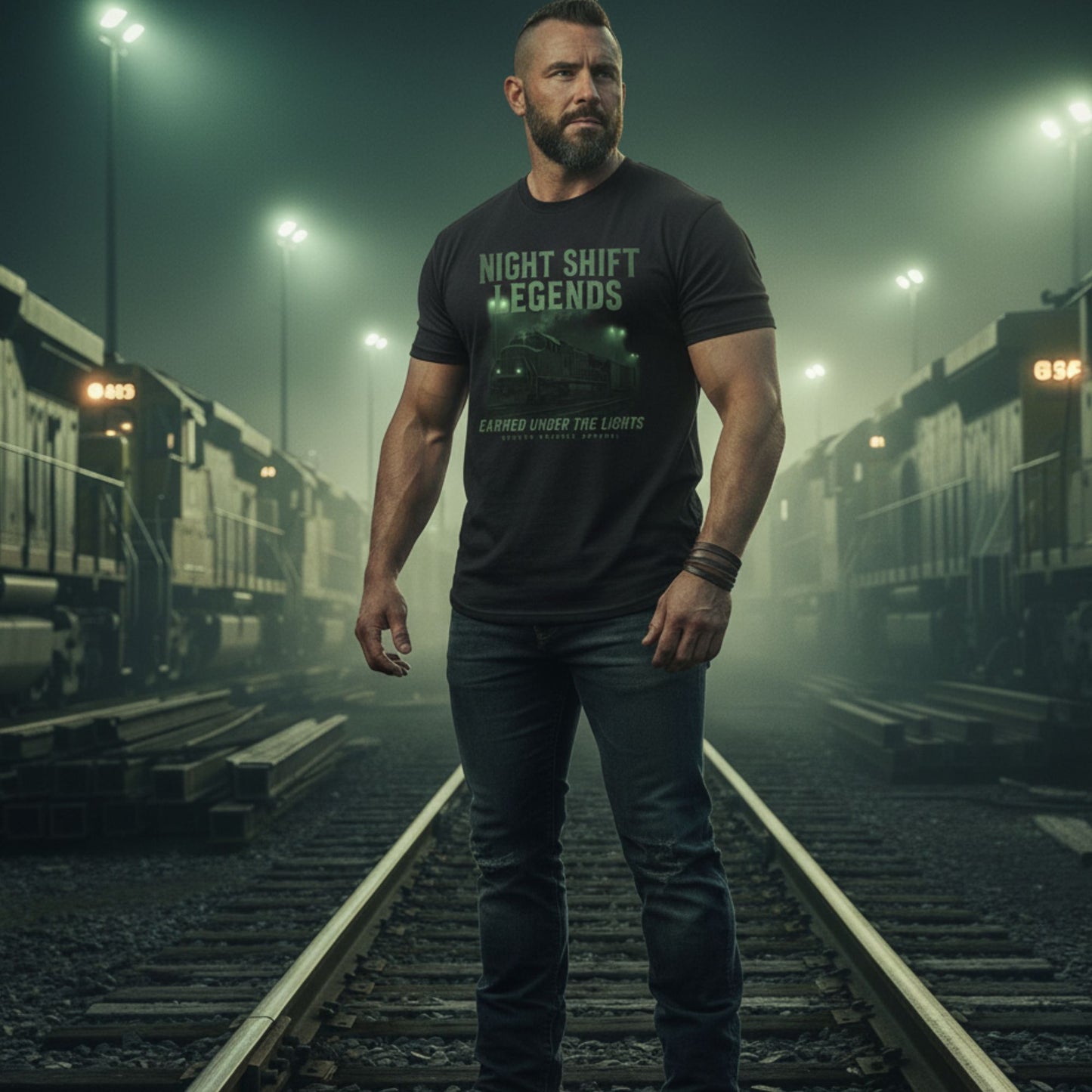 Man wearing a black t-shirt with text standing on train tracks at night.