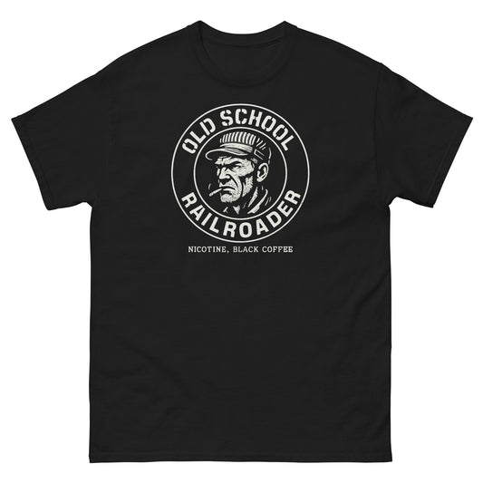 Old School Railroader T-Shirt with vintage railroader graphic and ‘Nicotine, Black Coffee’ slogan in white print on black tee.