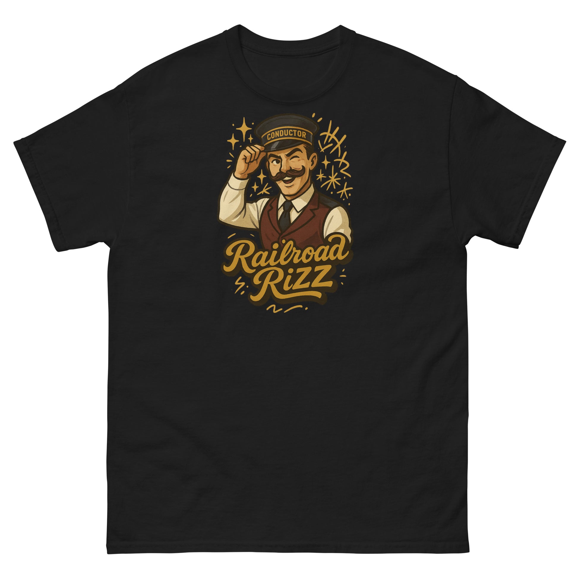 Black t-shirt with a graphic of a man in a hat and vest, and 'Railroad Rizz' text on a white background.