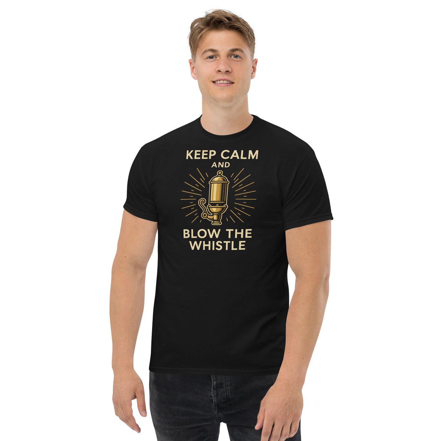 Person wearing a black t-shirt with 'Keep Calm and Blow the Whistle' text and graphic.