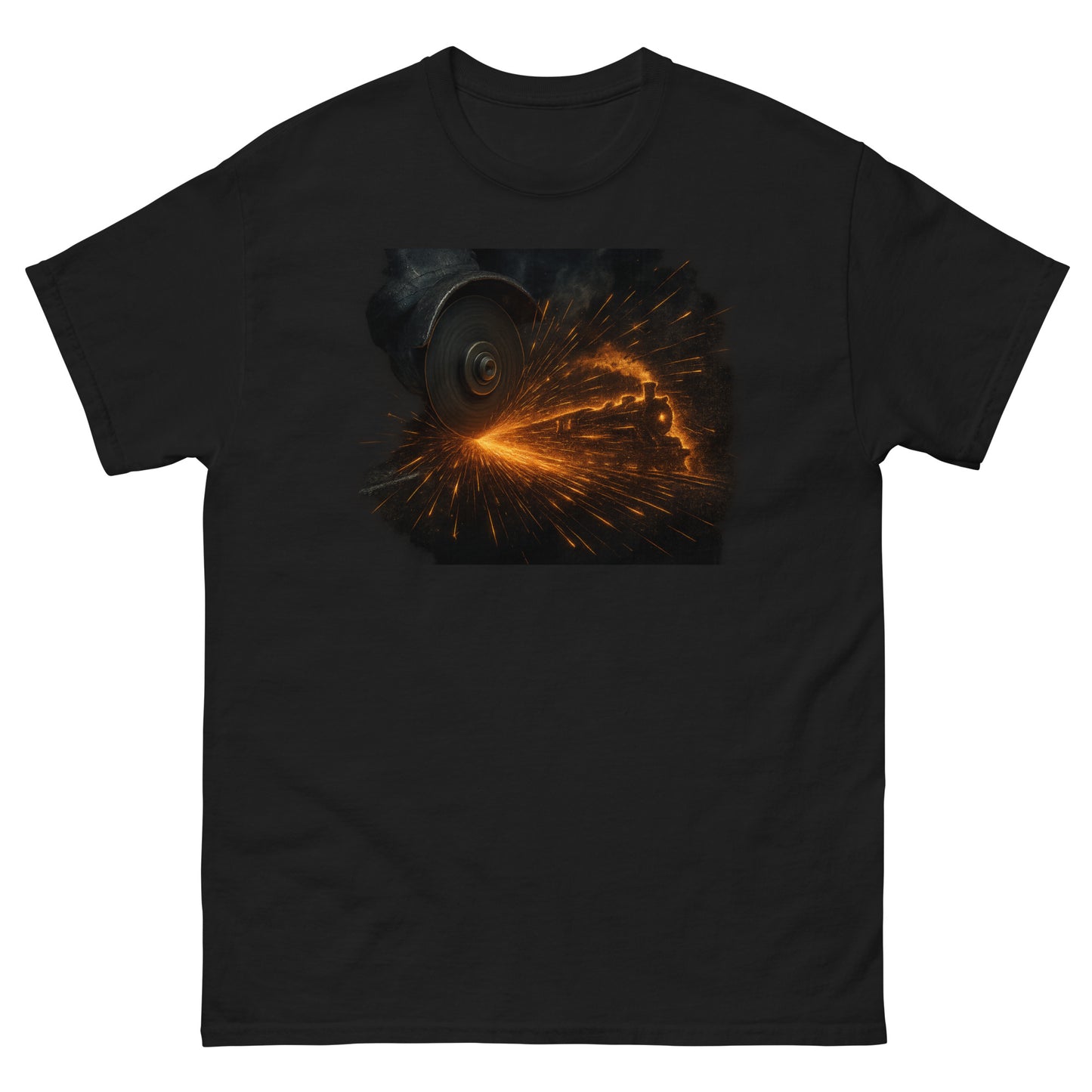 Black t-shirt with a graphic of a locomotive surrounded by fiery sparks, designed for train lovers and railfans.
