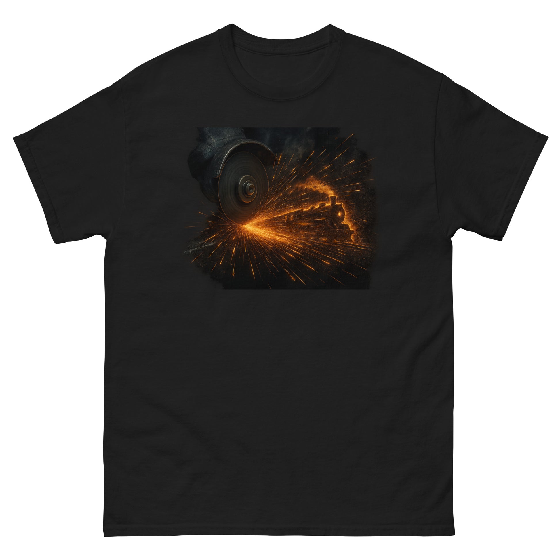 Black t-shirt with a graphic of a locomotive surrounded by fiery sparks, designed for train lovers and railfans.