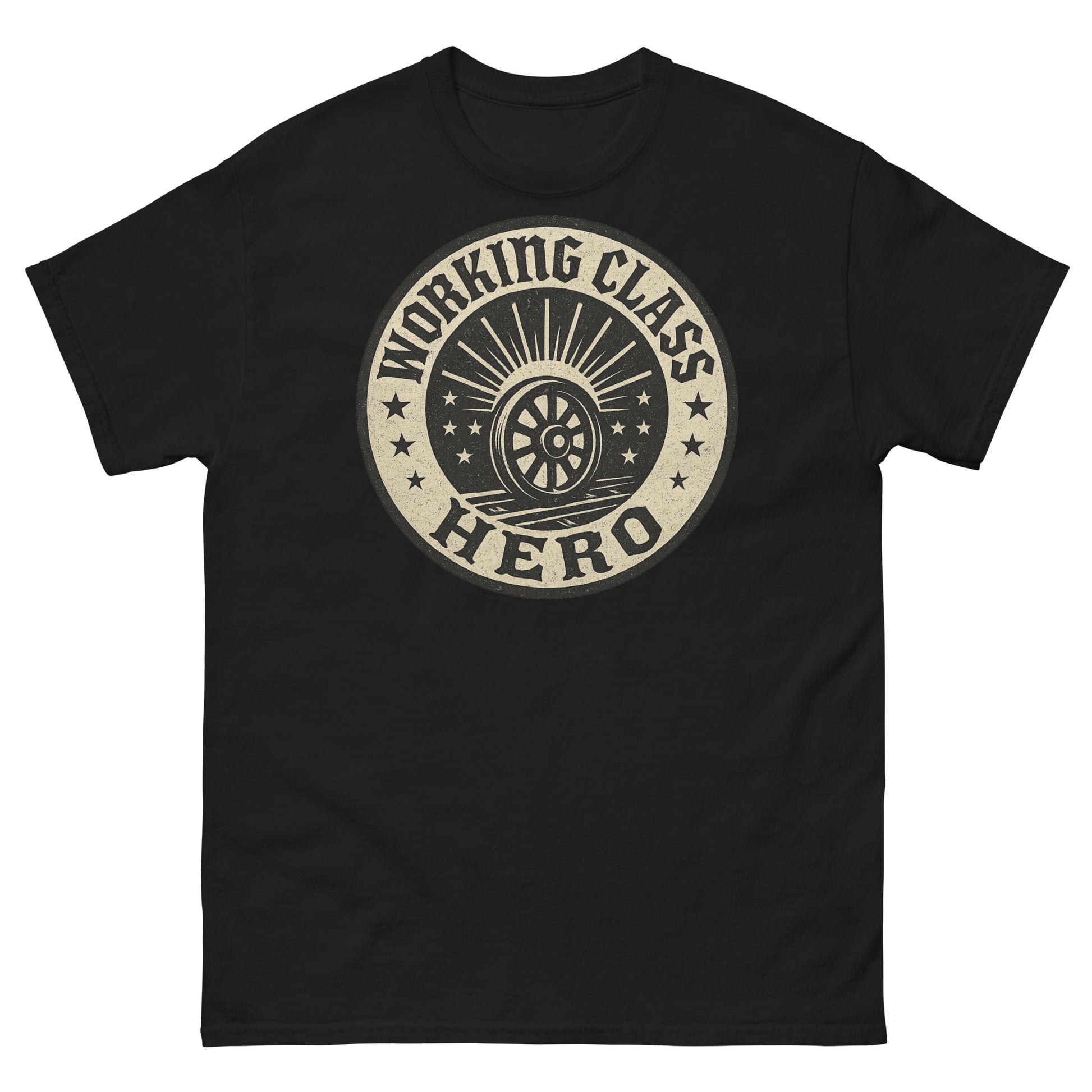 Black t-shirt with 'Working Class Hero' graphic design on a white background