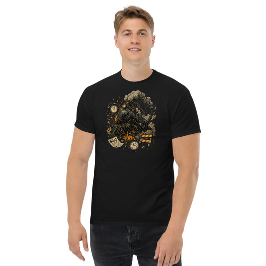 Man wearing a black t-shirt with a graphic design on a white background