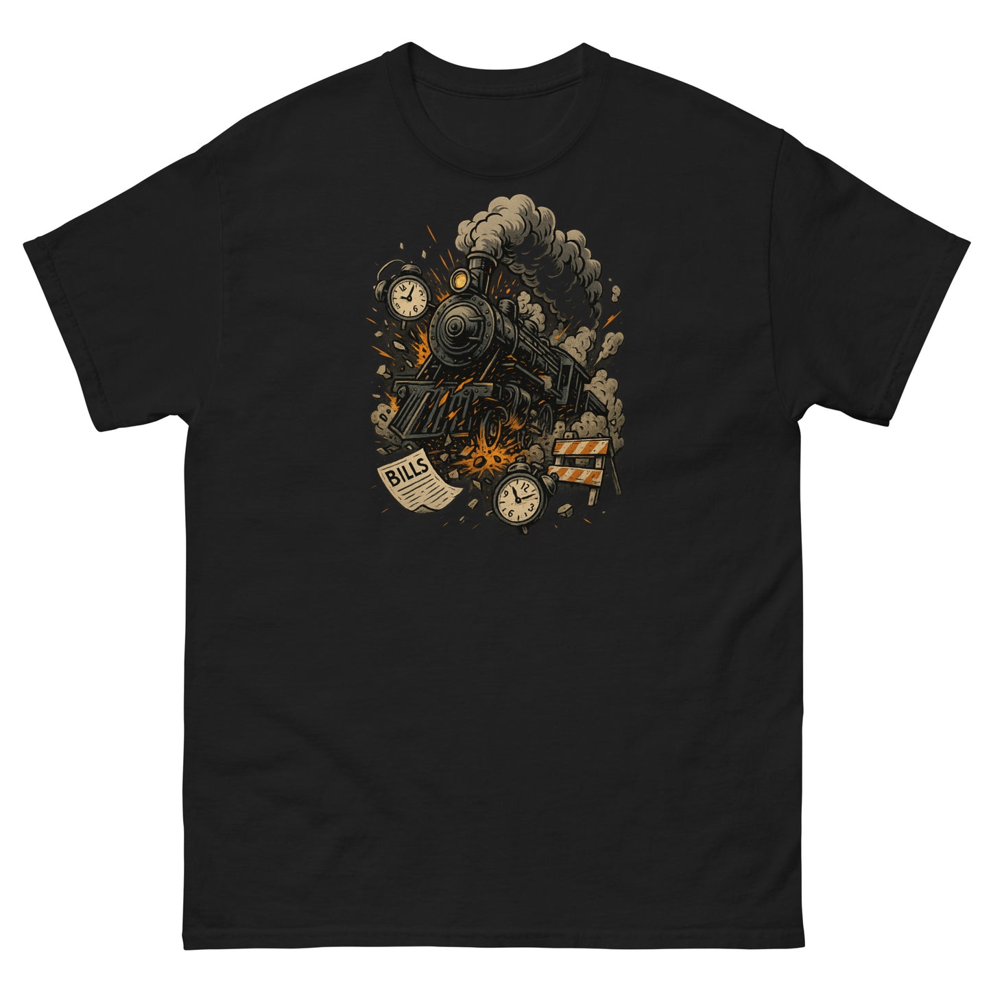 Black t-shirt with a steam locomotive graphic on a white background