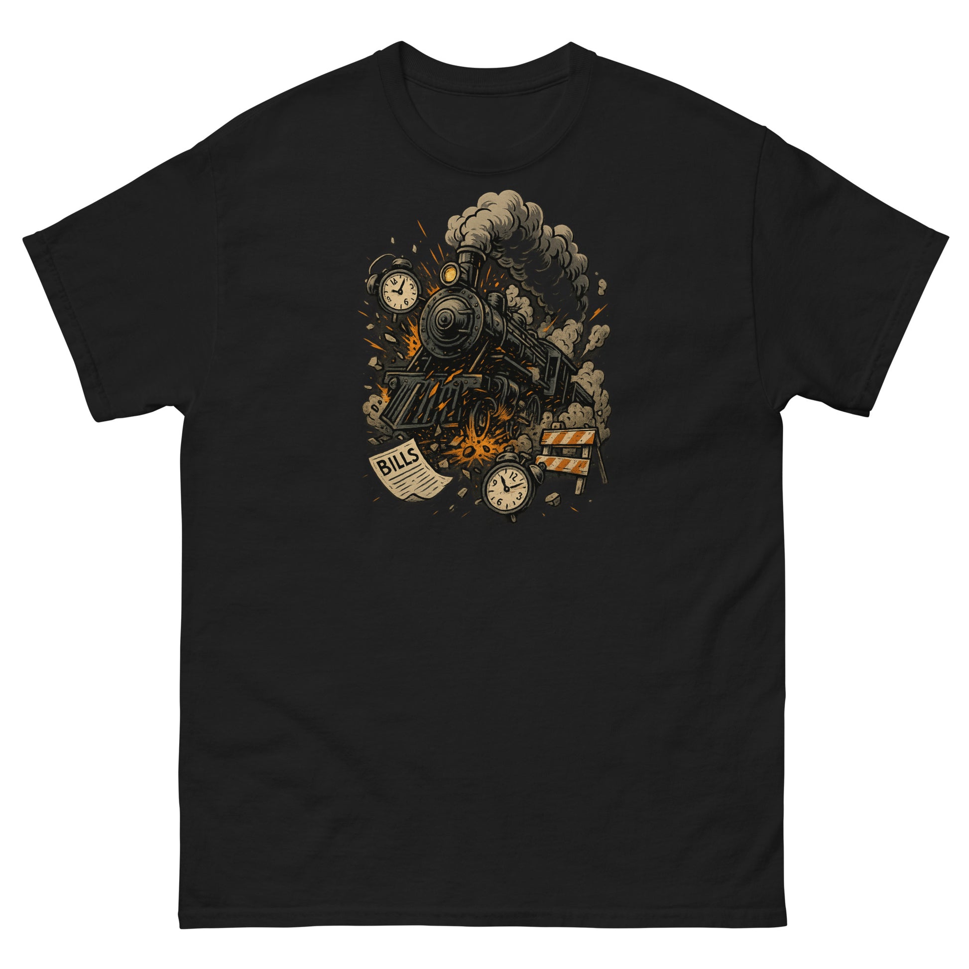 Black t-shirt with a steam locomotive graphic on a white background