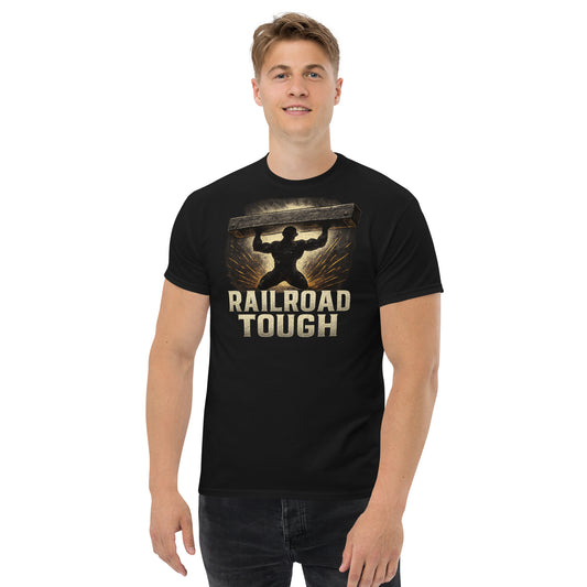 Man wearing a black t-shirt with 'Railroad Tough' graphic design on a white background