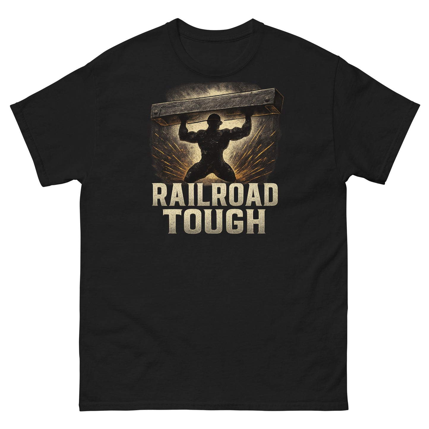 Black t-shirt with 'Railroad Tough' graphic design featuring a silhouette of a person lifting a railroad rail.