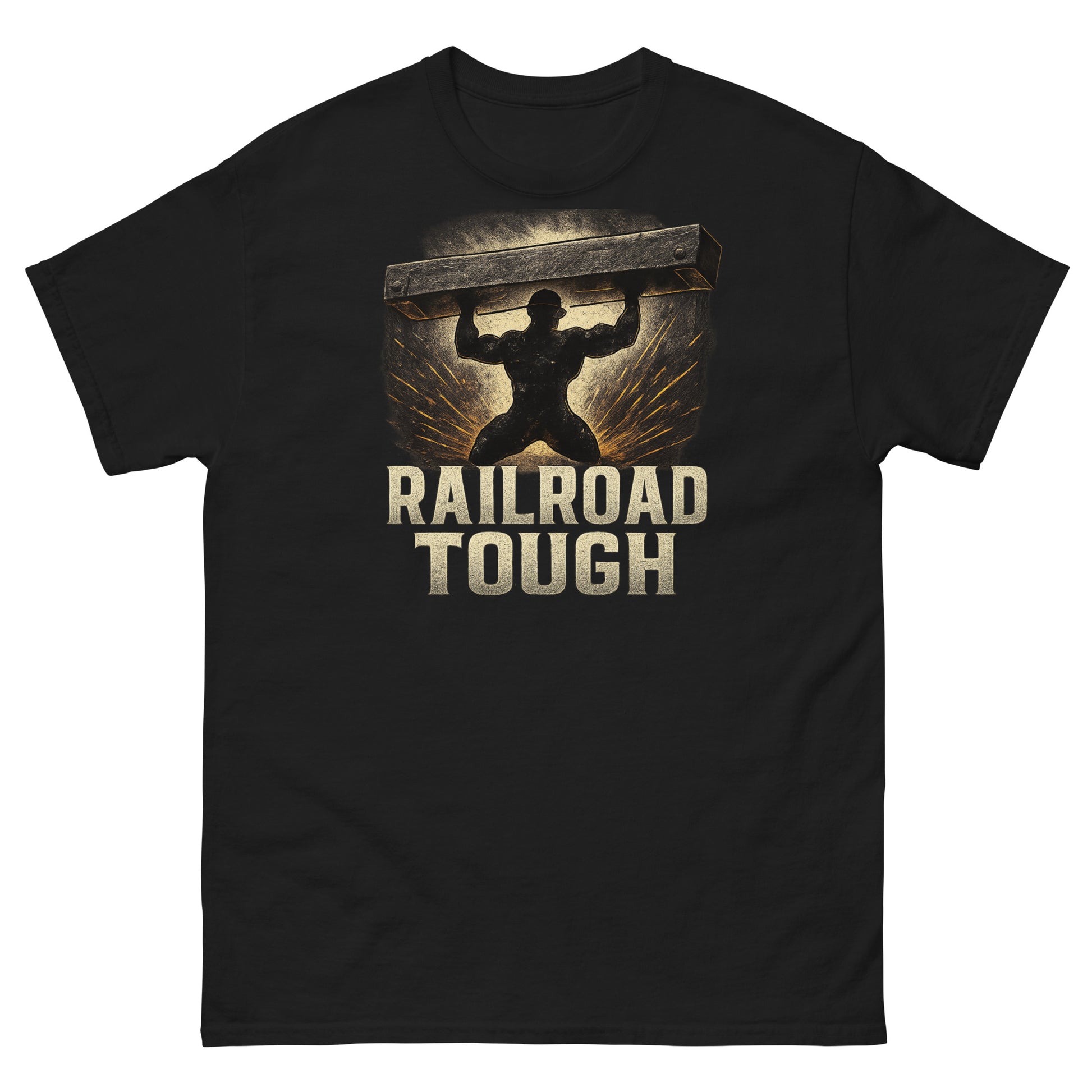 Black t-shirt with 'Railroad Tough' graphic design featuring a silhouette of a person lifting a railroad rail.