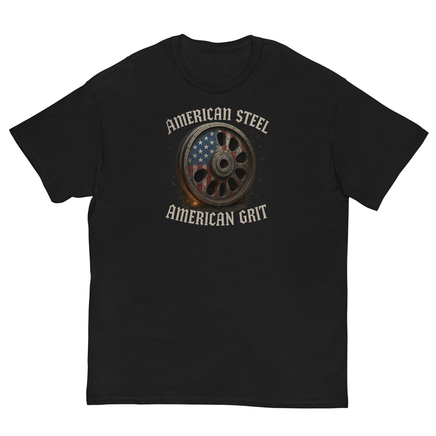 Black t-shirt with 'American Steel, American Grit' graphic design on a white background