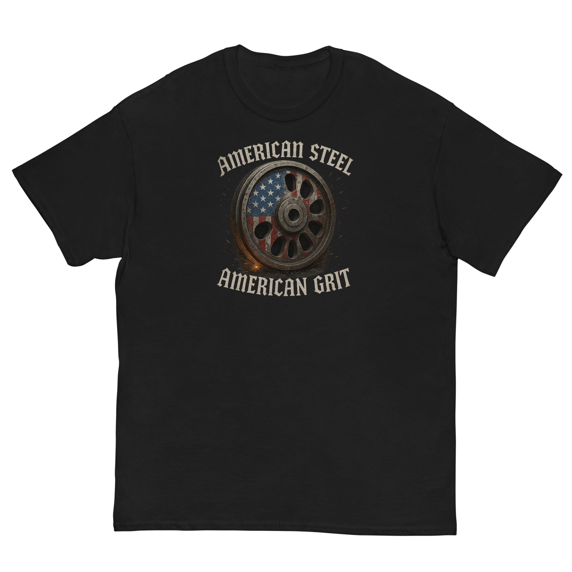 Black t-shirt with 'American Steel, American Grit' graphic design on a white background