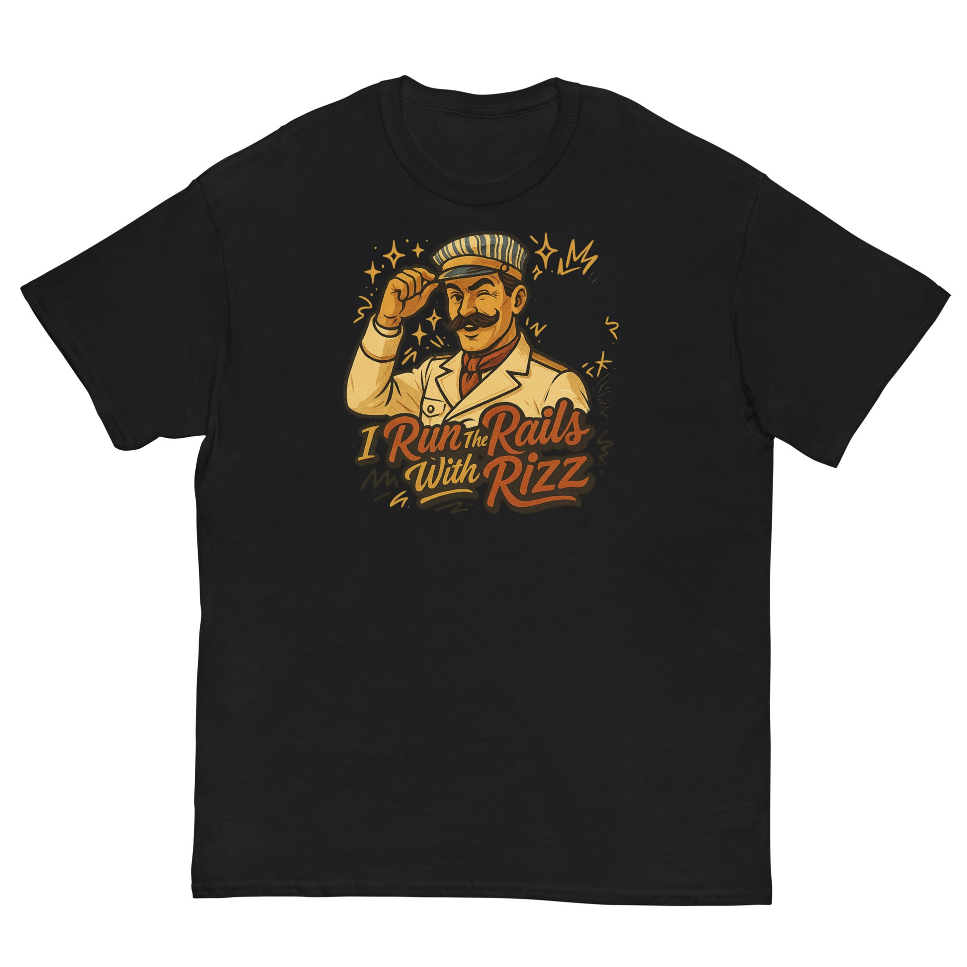 Black t-shirt with a graphic of a man and text 'I Run the Rails With Rizz' on a white background