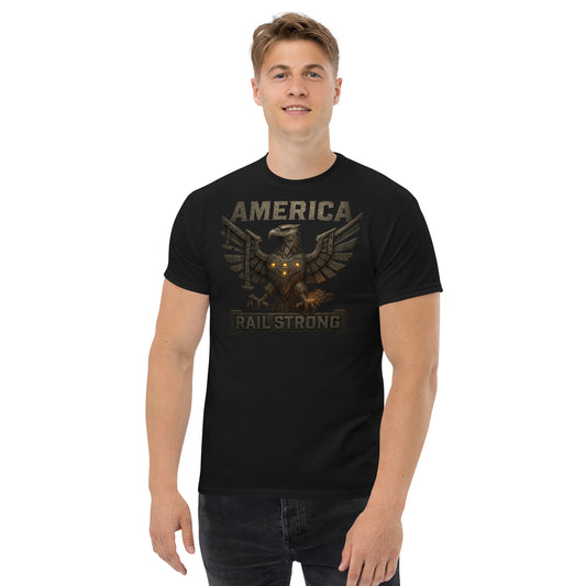 Man wearing a black t-shirt with 'America Strong' graphic design on a white background