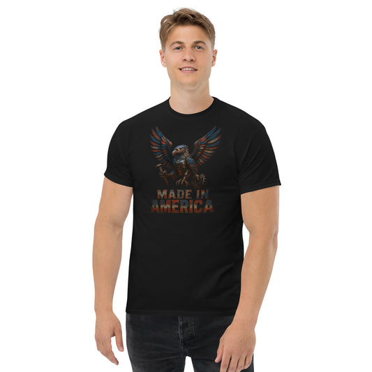 Person wearing a black t-shirt with an eagle graphic and 'Made in America' text on a white background