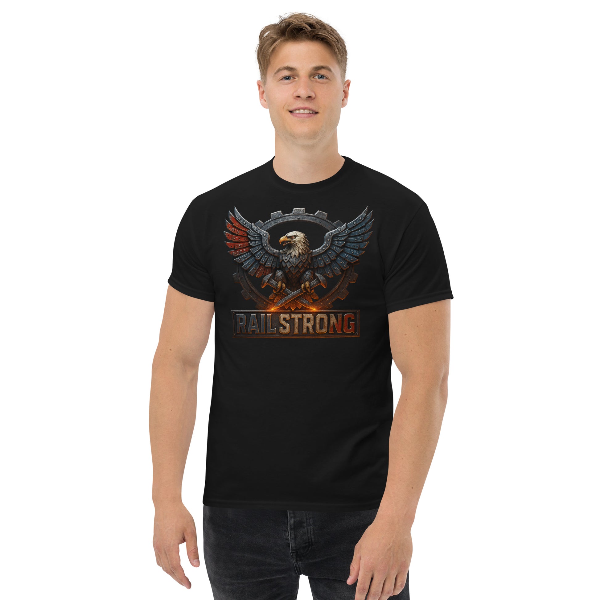 Person wearing a black t-shirt with an eagle graphic and 'Rat Strong' text on a white background