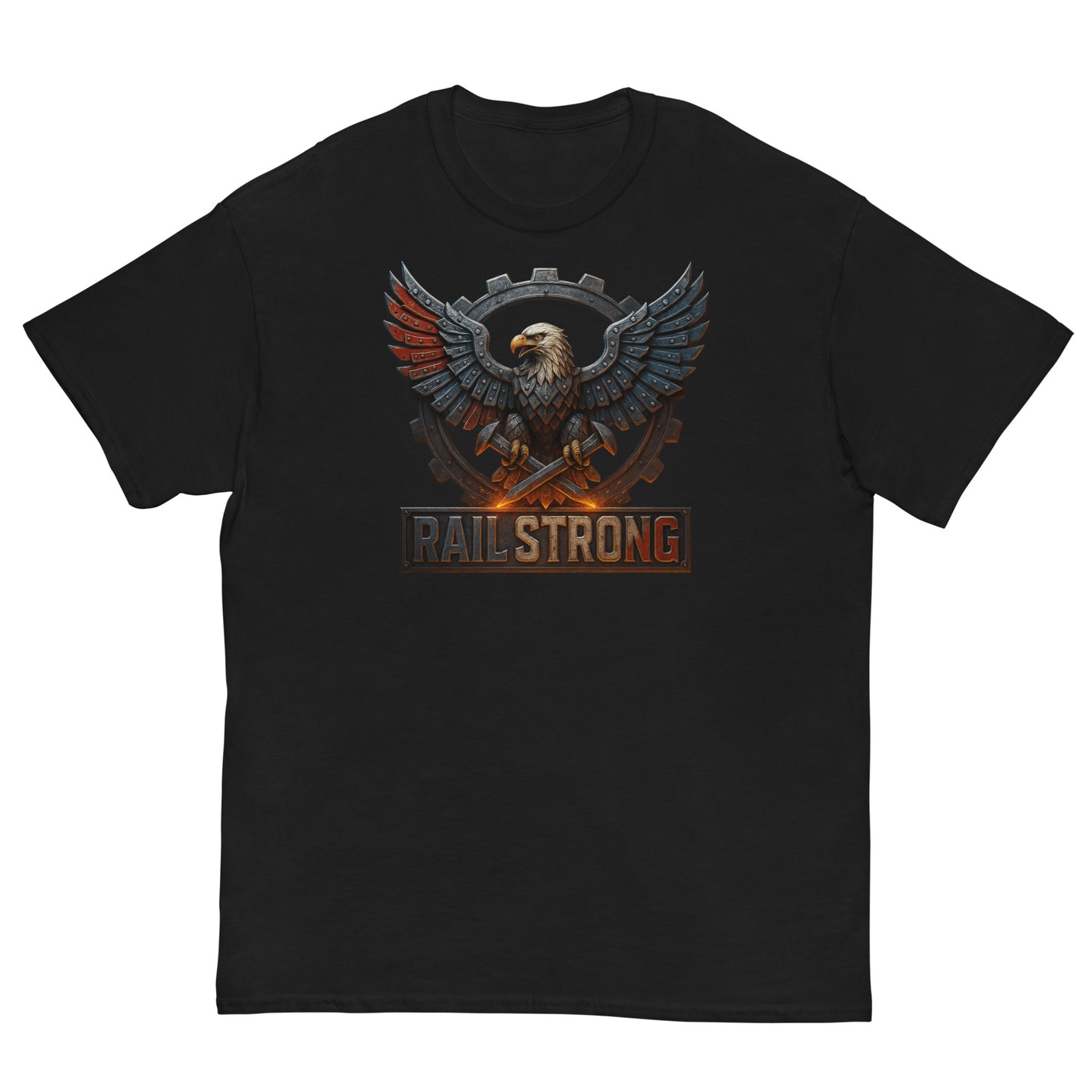Black t-shirt with an eagle graphic and 'RAIL STRONG' text on a white background