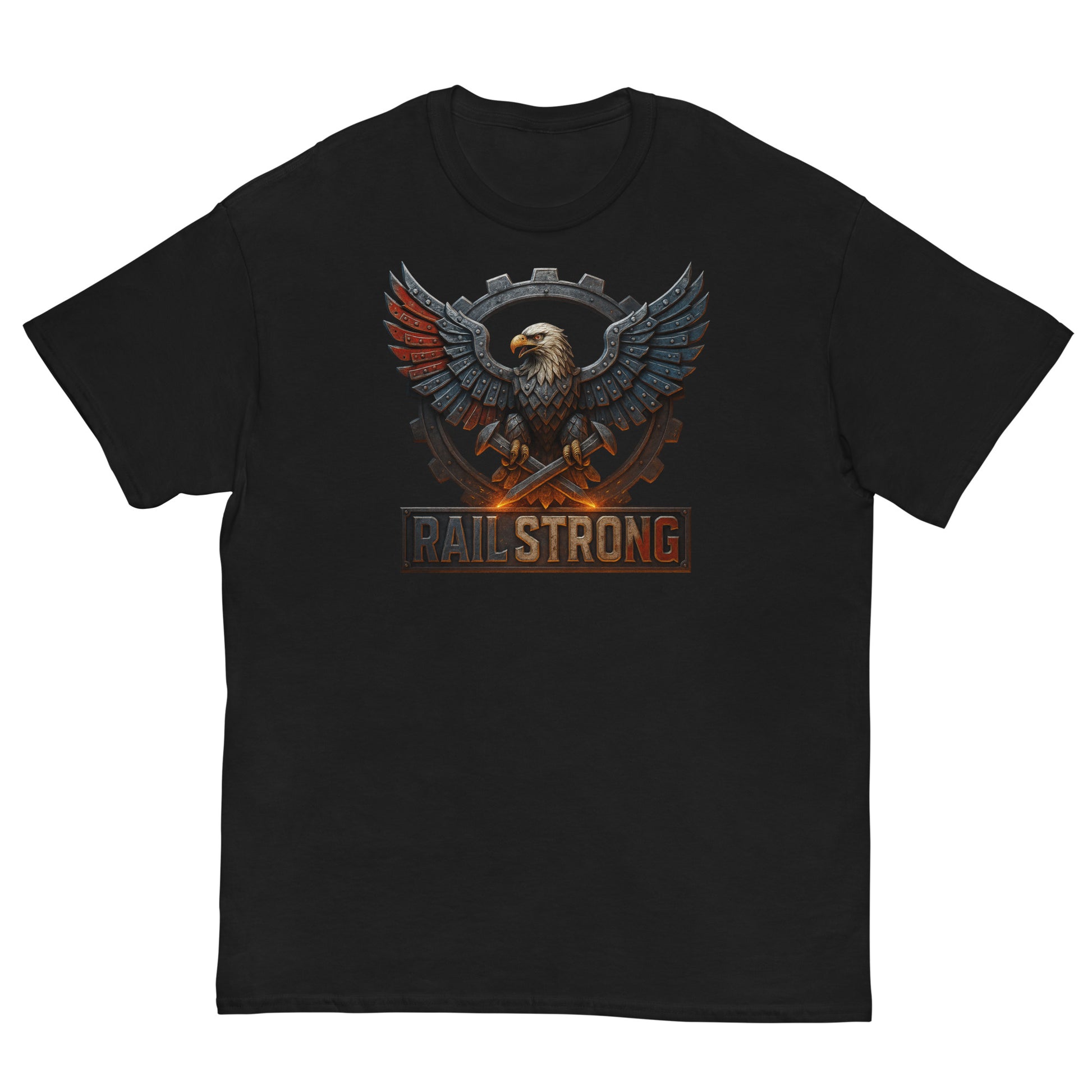 Black t-shirt with an eagle graphic and 'RAIL STRONG' text on a white background