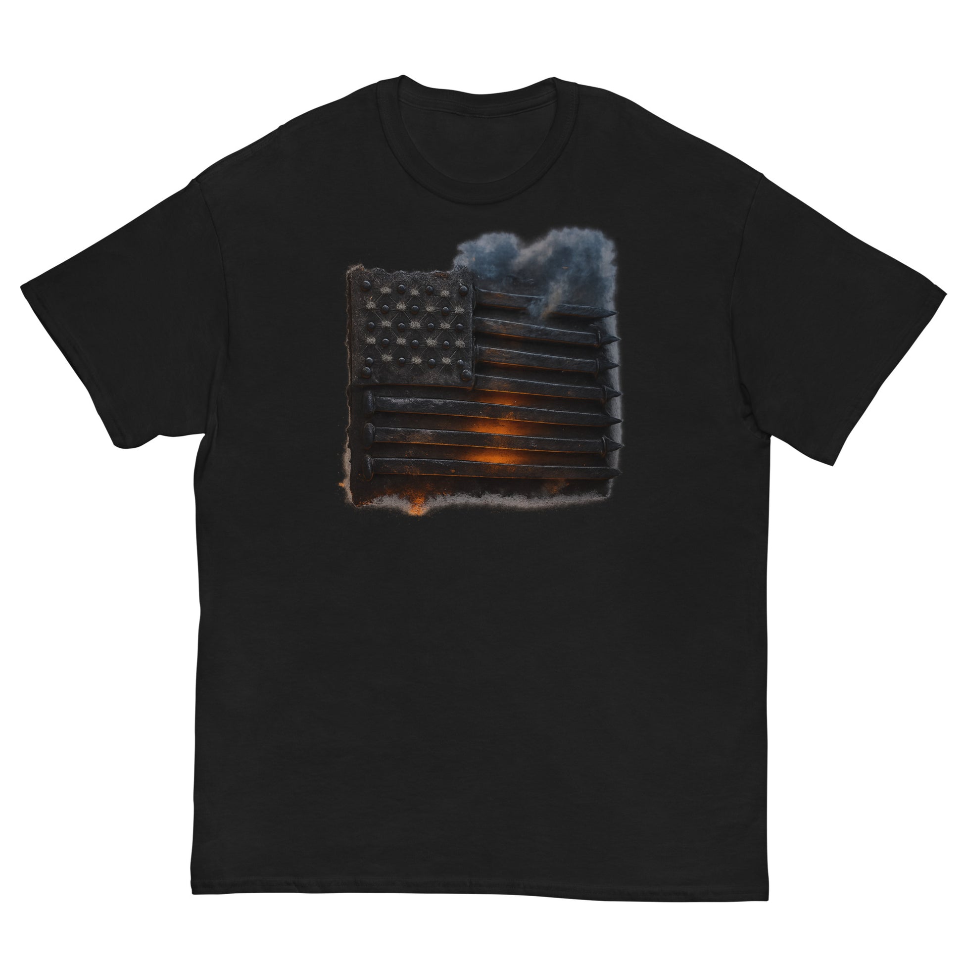 Black t-shirt with a graphic design on a white background